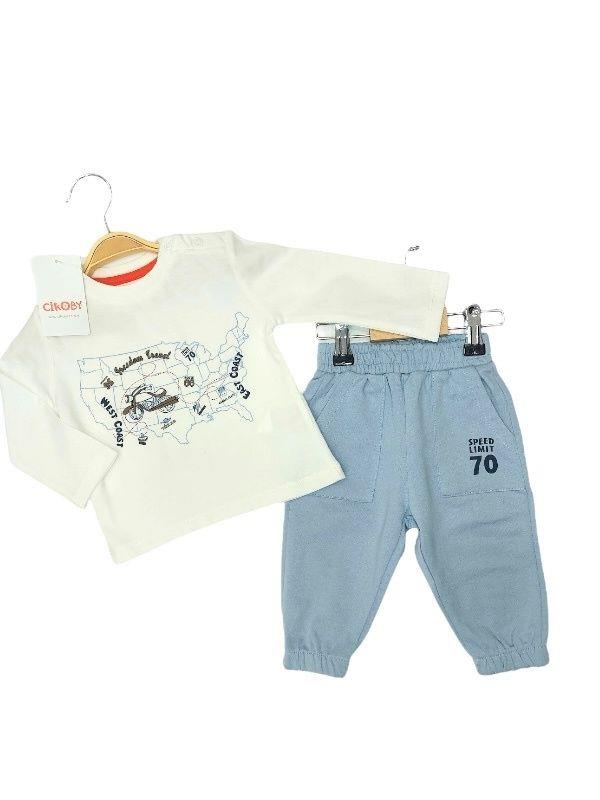 Erkek Bebek Kıta Baskılı Pamuklu İnce Uzun Kollu Mevsimlik Eşofman Takım