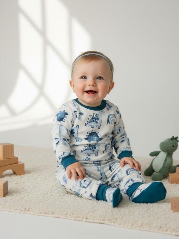 Erkek Bebek Pamuklu Dinazor Desenli Pijama Takımı