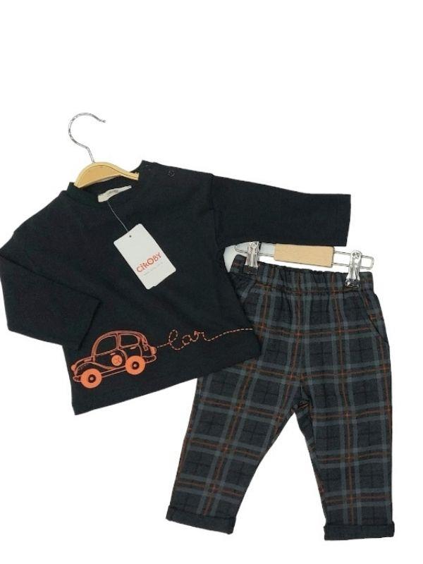 Erkek Bebek Pamuklu İnce Uzun Kollu Araba Baskılı Kareli Pantolon Takım