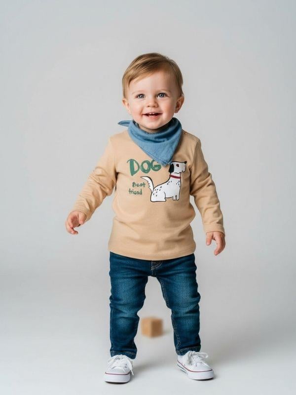 Erkek Bebek Pamuklu Köpek Baskılı Yandan Çıtçıtlı T-shirt