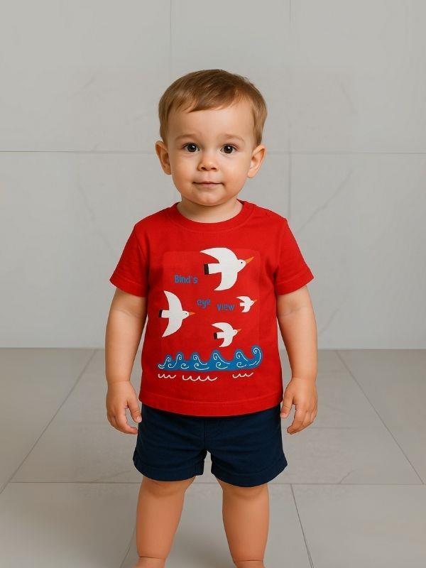 Erkek Bebek Pamuklu Kuş Baskılı T-shirt
