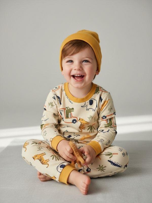 Erkek Bebek Pamuklu Safari Desenli Pijama Takımı