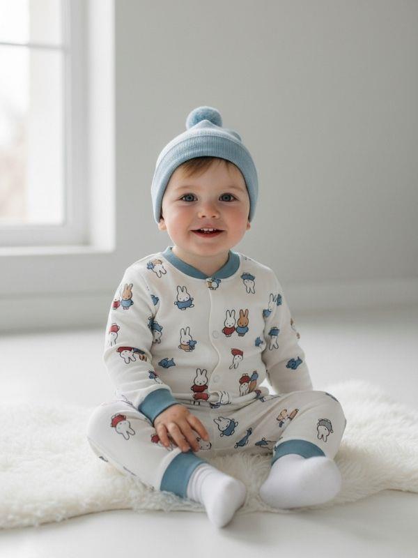 Erkek Bebek Pamuklu Tavşan Desenli Çıtçıtlı Pijama Takımı