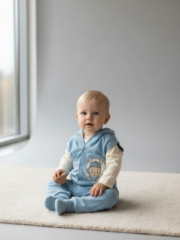 Erkek Bebek Pamuklu Tavşan Detaylı Yelekli Üçlü Eşofman Takım