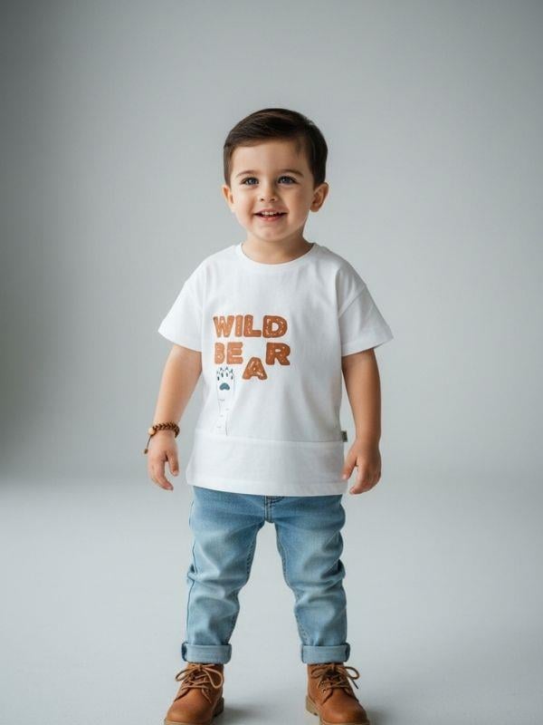 Erkek Bebek Pamuklu Wild Bear Baskılı Kısa Kollu T-shirt