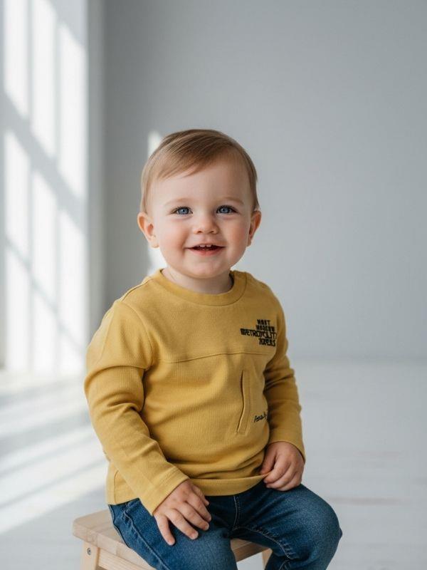 Erkek Bebek Pamuklu Yazı Detaylı İnce Uzun Kollu T-shirt