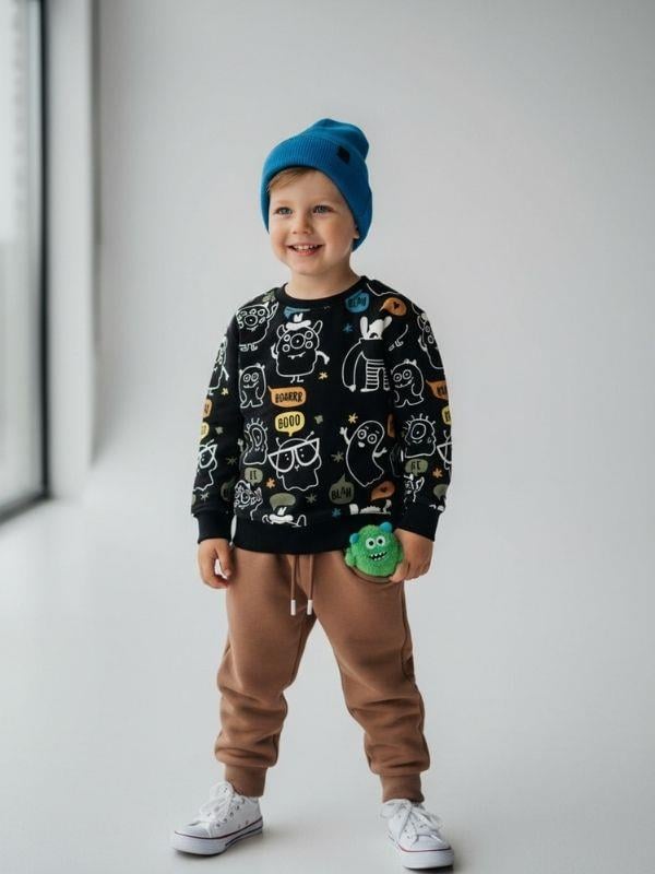 Erkek Bebek Sevimli Canavar Temalı Tasarım Eşofman Takımı