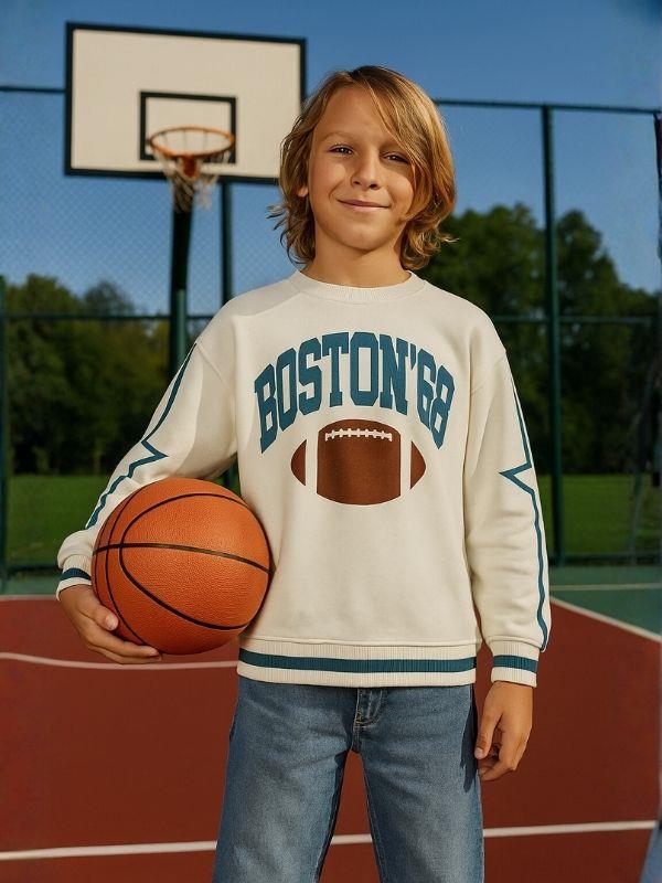 Erkek Çocuk Boston Yazılı Tasarım Oversize Sweatshirt