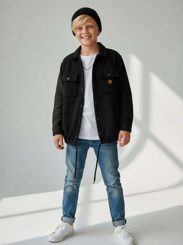 Erkek Çocuk Büzgü Detaylı Kaşe Cepli Ceket