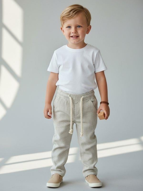 Erkek Çocuk Desenli Keten Pantolon