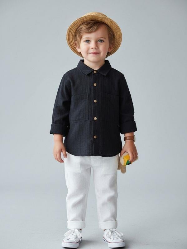Erkek Çocuk Düğmeli Uzun Kollu Cepli Keten Gömlek