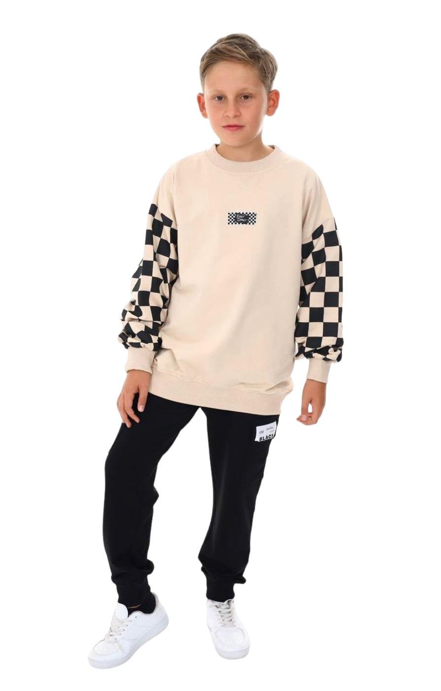 Erkek Çocuk East Coast Yazılı Kolları Dama Desenli Sweatshirt