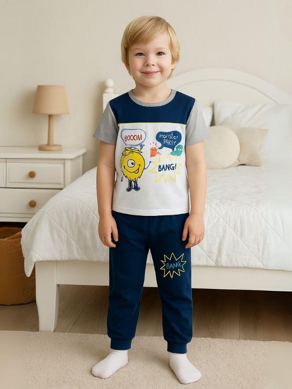 Erkek Çocuk Eğlenceli Baskılı Kısa Kollu Pijama Takımı