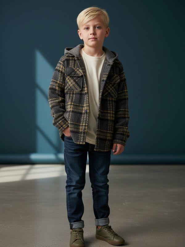 Erkek Çocuk Kapüşonlı Ekose Desenli Tasarım Ceket