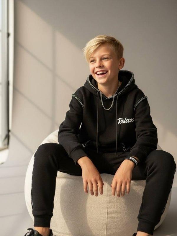 Erkek Çocuk Kapüşonlu Biye Detaylı Şardonlu Kalın Tasarım Sweatshirt