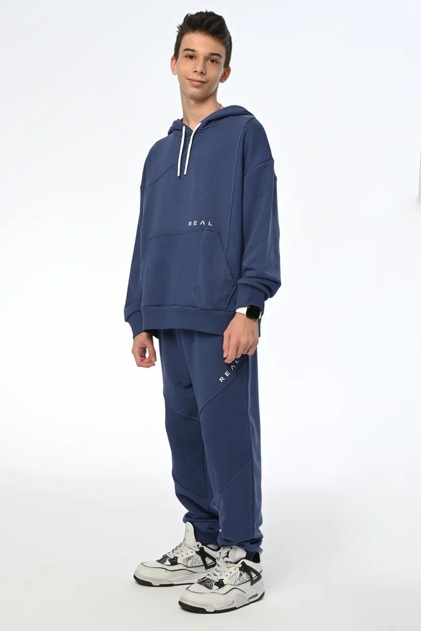 Erkek Çocuk Kapüşonlu Sweatshirt Real Yazılı Jogger Eşofman Takım
