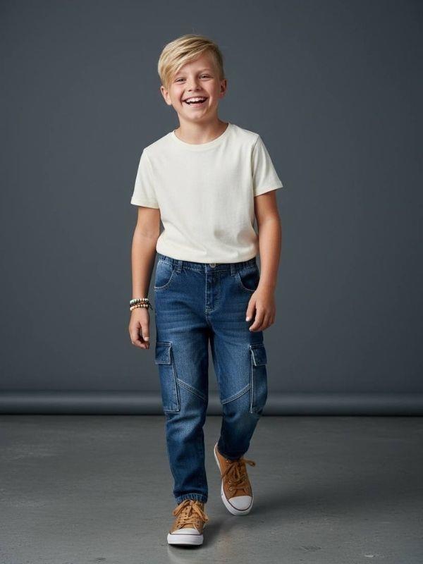 Erkek Çocuk Kargo Cepli Beli Lastikli Denim Pantolon