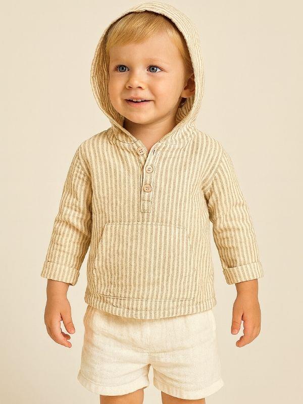 Erkek Çocuk Müslin Kapüşonlu Çizgili Kanguru Cepli Gömlek