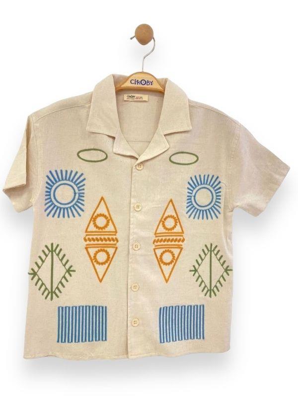 Erkek Çocuk Nakışlı Keten Kısa Kol Gömlek