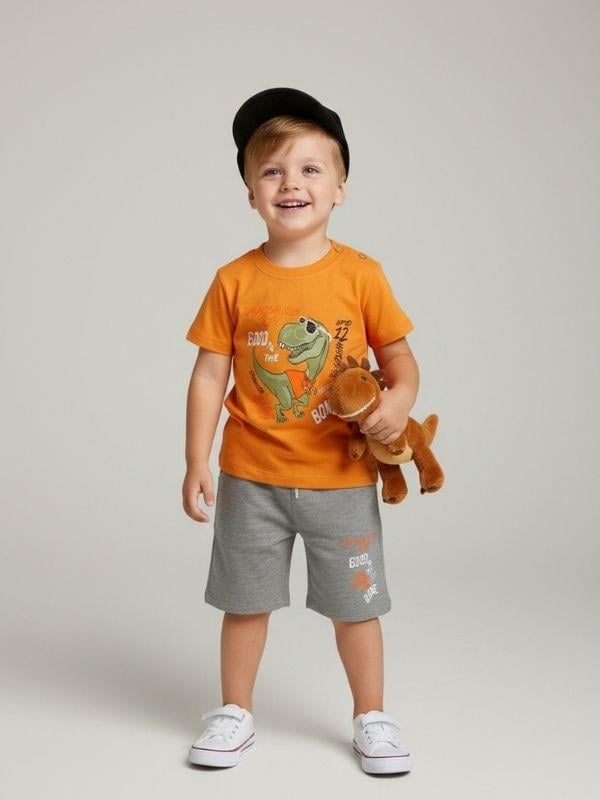 Erkek Çocuk Pamuklu Dinozor Baskılı Şortlu Takım