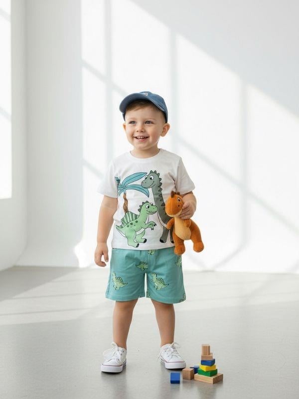 Erkek Çocuk Pamuklu Dinozor Baskılı Şortlu Takım