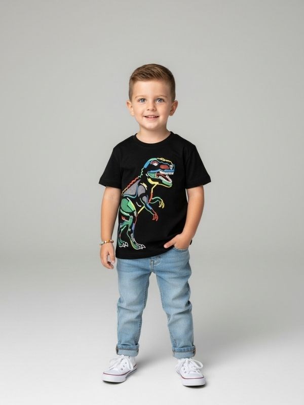 Erkek Çocuk Pamuklu Dinozor Baskılı T-shirt