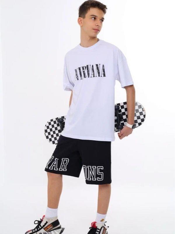 Erkek Çocuk Pamuklu Nirvana Yazılı Sırtı Baskılı Renkli T-shirt