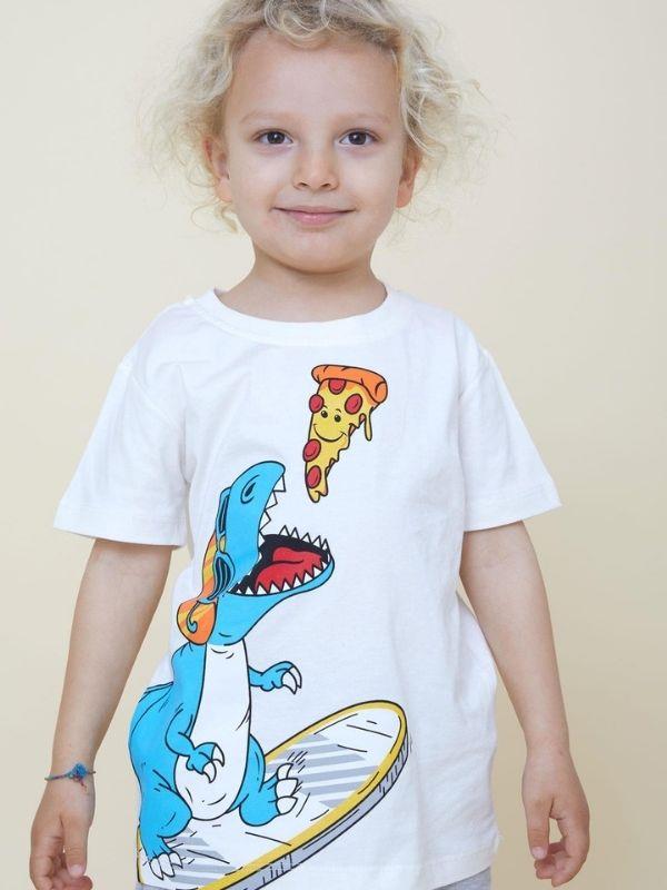 Erkek Çocuk Pamuklu Pizza Yiyen Dinazor Baskılı Tshirt