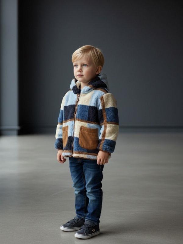 Erkek Çocuk Peluş Ekose Desenli Kapüşonlu Mont