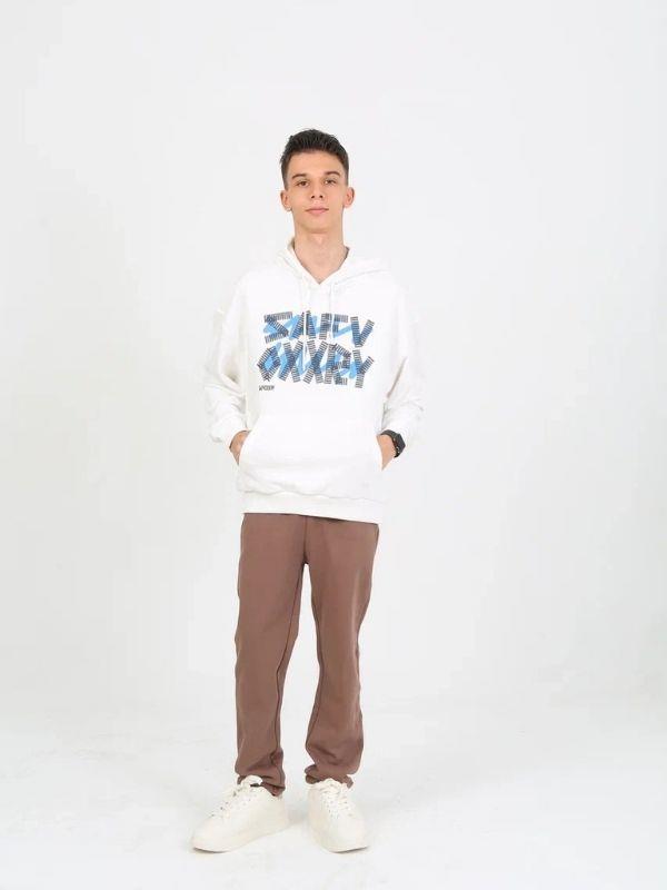 Erkek Çocuk Yazı Detaylı 2 İplik Kapüşonlu Sweatshirt