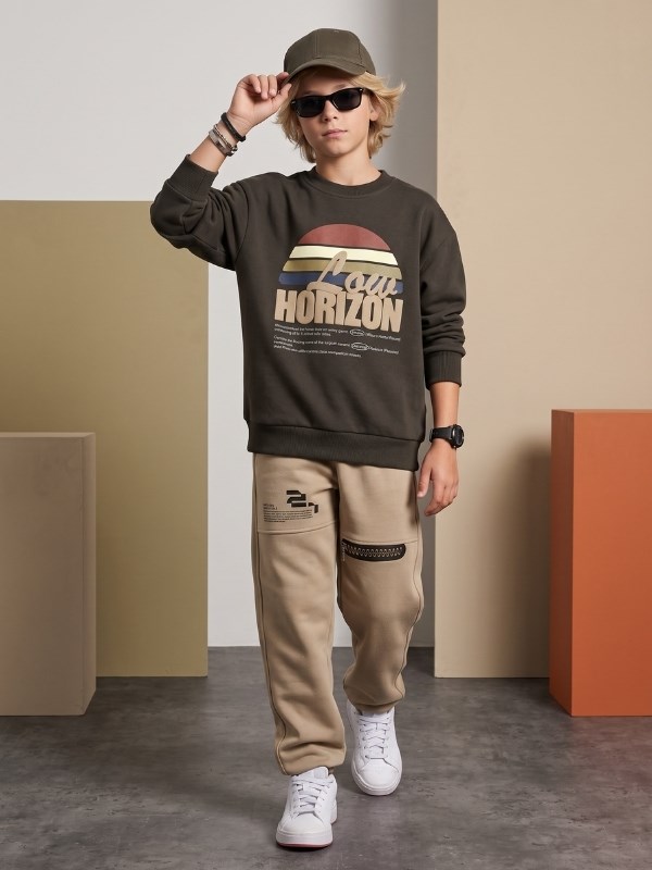 Erkek Çocuk Yazı ve Çizgi Baskılı Bisiklet Yaka Sweatshirt