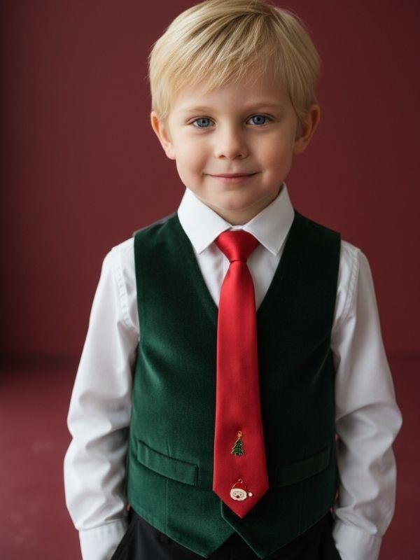 Erkek Çocuk Yılbaşı Temalı Charm Detaylı Kırmızı Saten Kravat