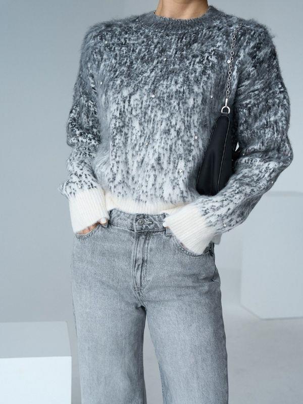 Kadın İki Renk Kalın Taşlı Kazak