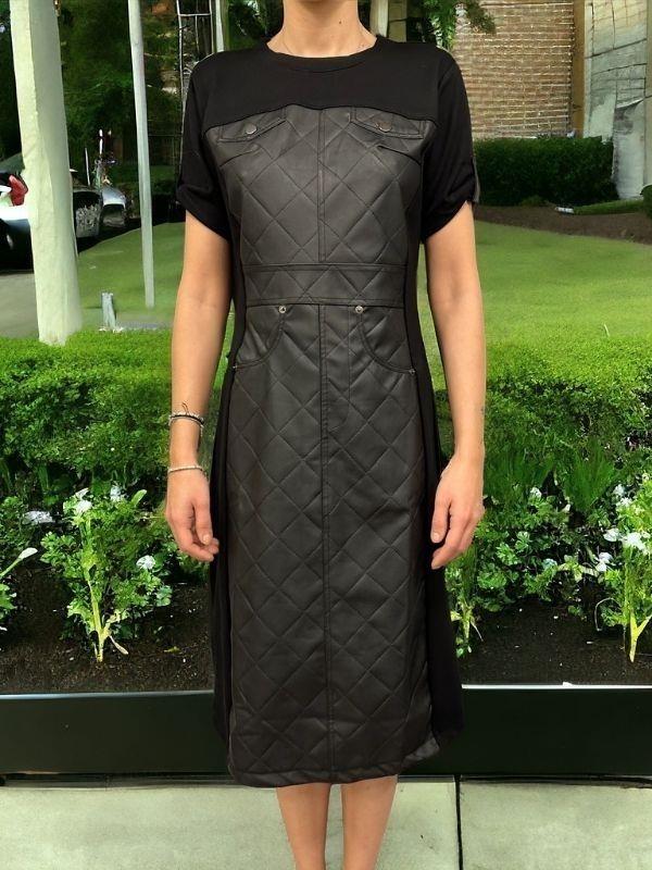 Kadın Önü Arkası Deri Detaylı Midi Boy Elbise