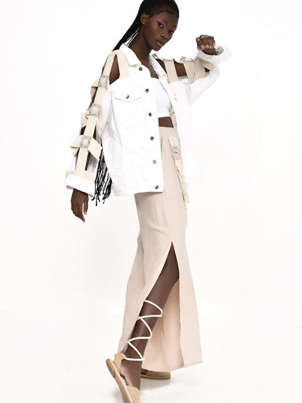 Kadın Yanları Yırtmaçlı Halat Detaylı Geniş Paçalı Tasarım Pantolon