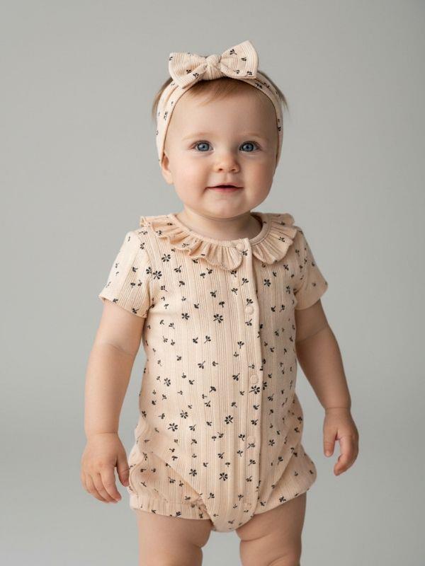 Kız Bebek Çiçek Desenli Bandanalı Şortlu Tulum