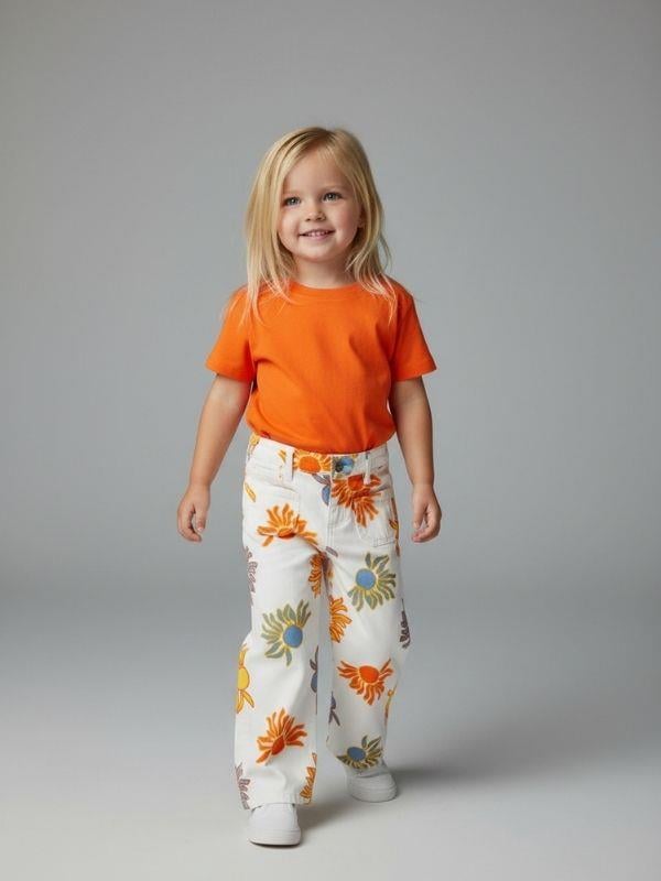 Kız Bebek Çiçek Desenli Geniş Paçalı Denim Pantolon
