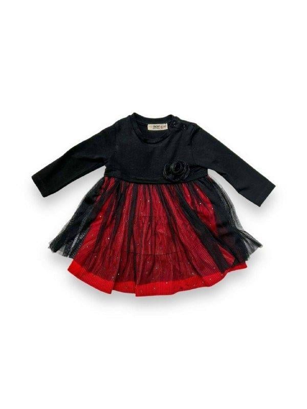 Kız Bebek Gül Detaylı Kadife Taşlı Elbise
