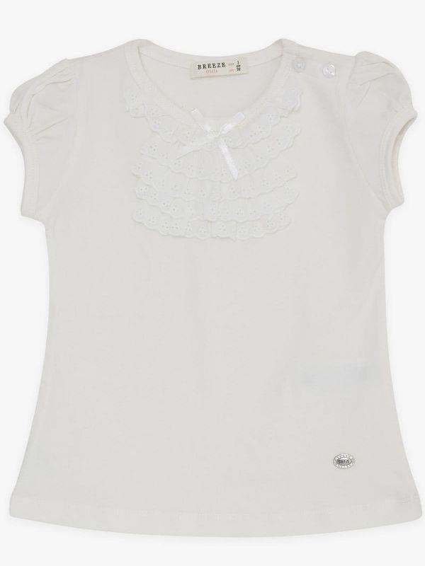 Kız Bebek Güpür Dantel Yaka Detaylı Pamuklu Tshirt