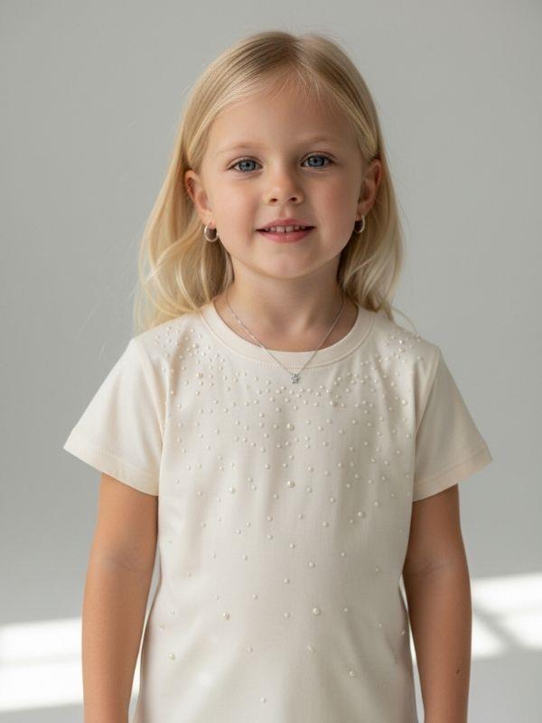Kız Bebek İnci Detaylı Kısa Kollu T-shirt