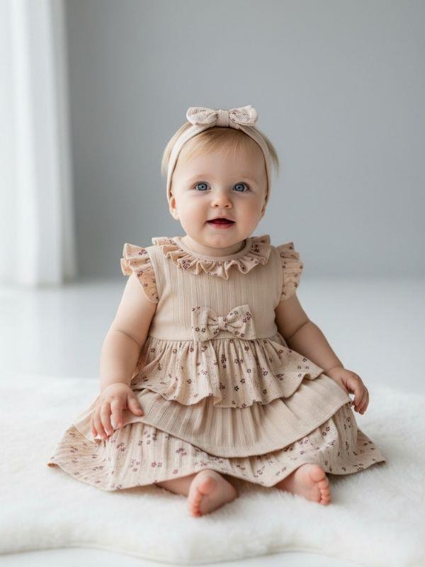 Kız Bebek Katkat Çiçek Desenli Bandanalı Elbise