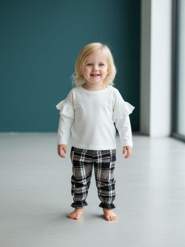 Kız Bebek Kolları Fırfır Detaylı Kareli Pantolonlu Takım