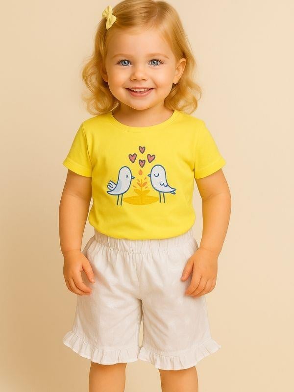 Kız Bebek Kuş Desenli Pamuklu Şortlu Takım