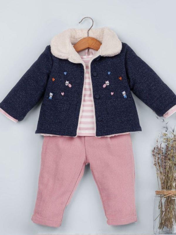 Kız Bebek Örme Kot Ceket Pantolonlu 3 lü Takım