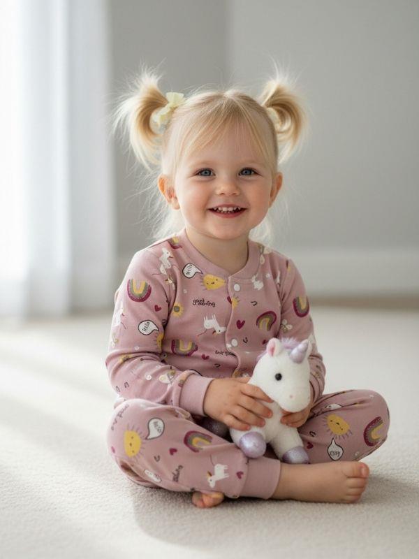 Kız Bebek Pamuklu Önü Çıtçıtlı Desenli Pijama Takımı