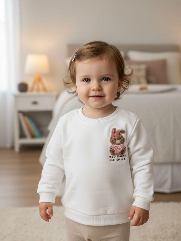Kız Bebek Pamuklu Punch Tavşan Nakışlı Sweatshirt