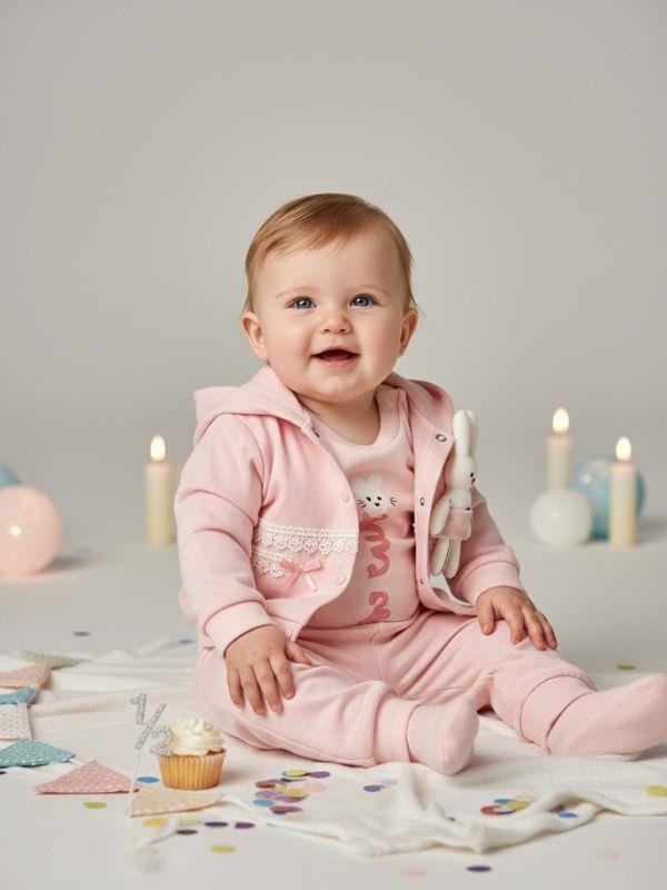 Kız Bebek Pamuklu Tavşan Oyuncaklı Üçlü Hırkalı Eşofman Takımı