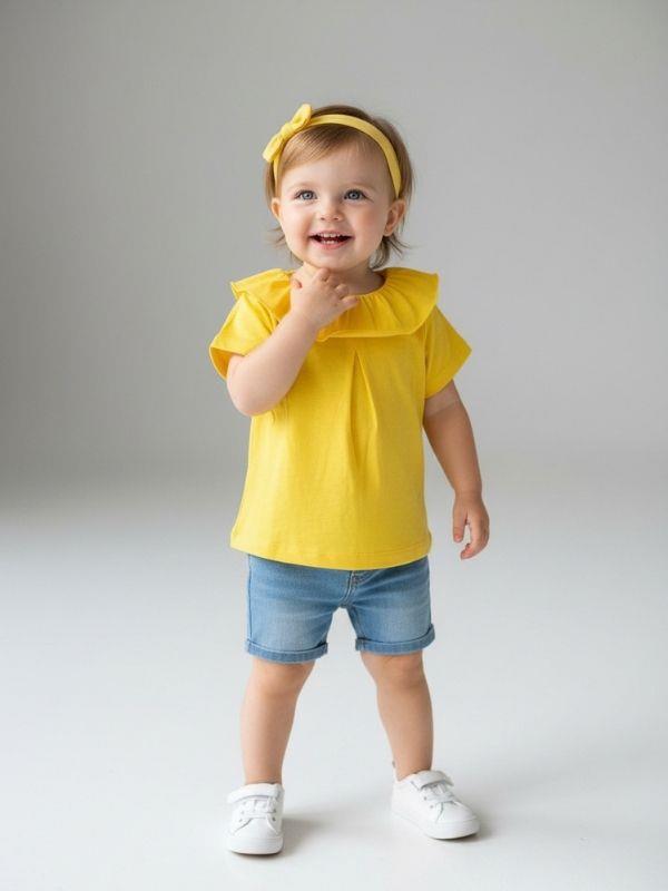 Kız Bebek Pamuklu Yakası Fırfırlı Basic T-shirt