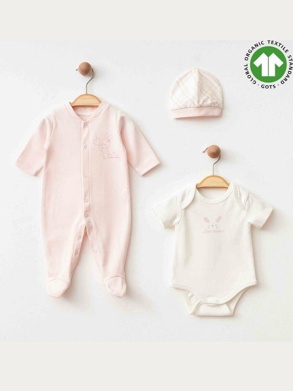 Kız Bebek Tulum Body Şapka Organik 3 lü Set