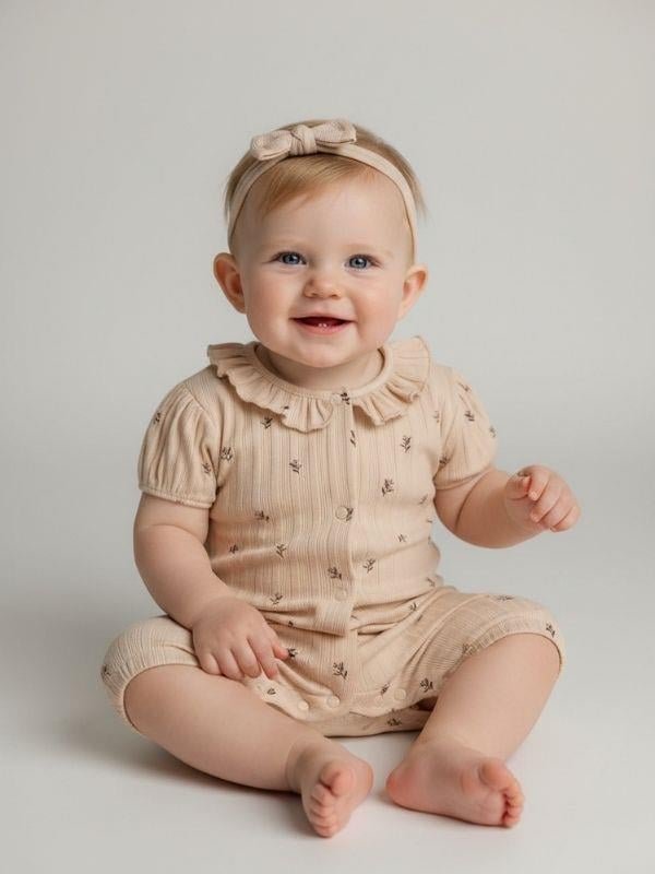 Kız Bebek Yaprak Desenli Bandanalı Şortlu Tulum